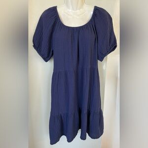 beachlunchlounge Women's M 8-10 Puff Sleeve Flounce Hem Cotton Gauze Blue Dress